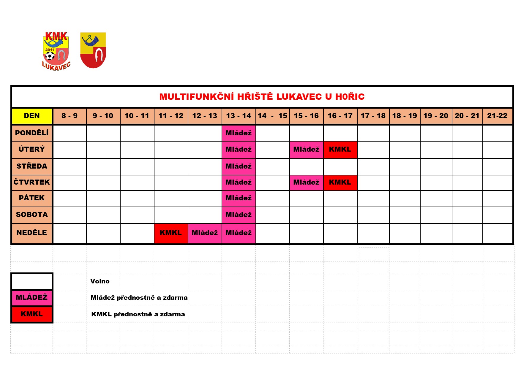 Rozvrh provozu multifunkčního hřiště 2024